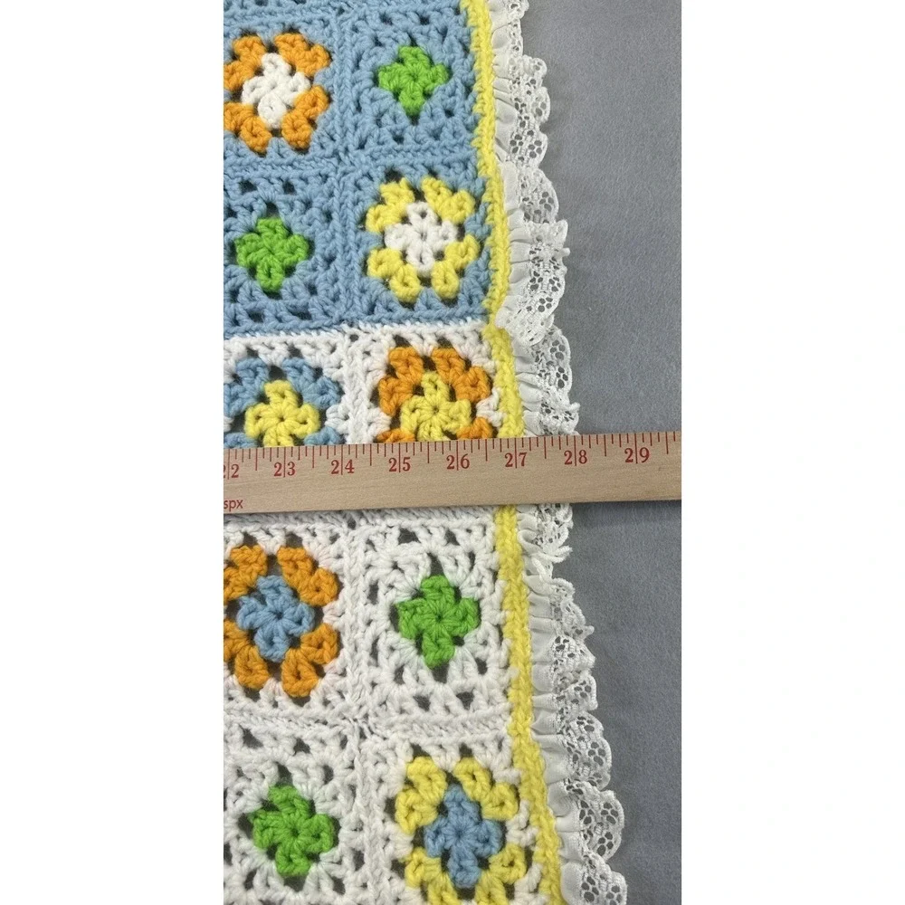 Handmade Crochet Knit Flower Blanket Eyelet Yellow Blue Green Afghan Baby 28x40
